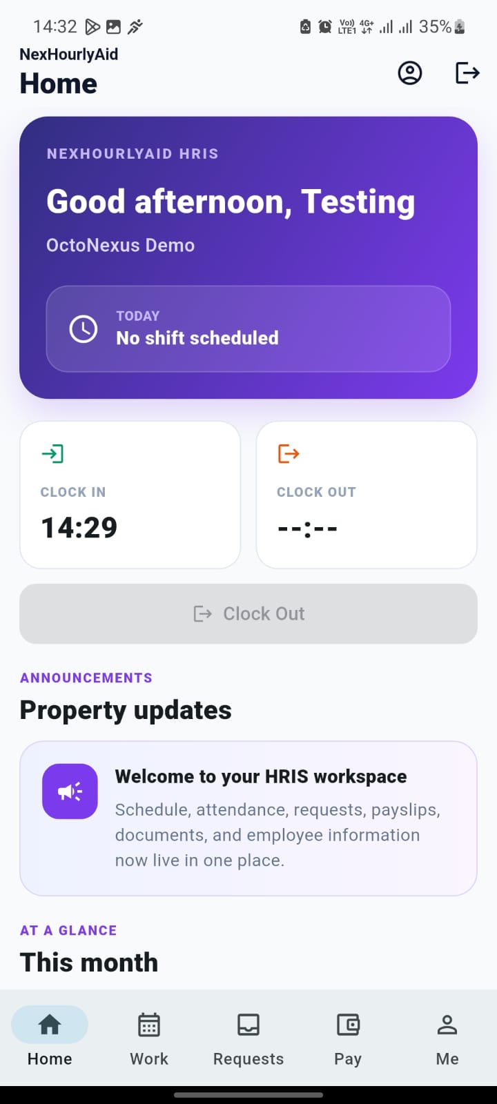 NexHourlyAid HRIS employee home screen