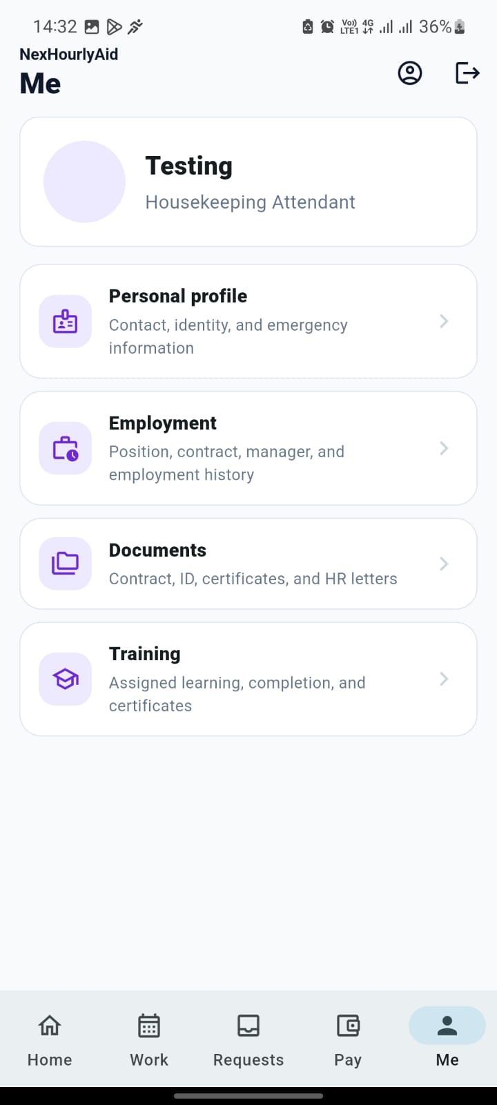 NexHourlyAid HRIS employee profile screen