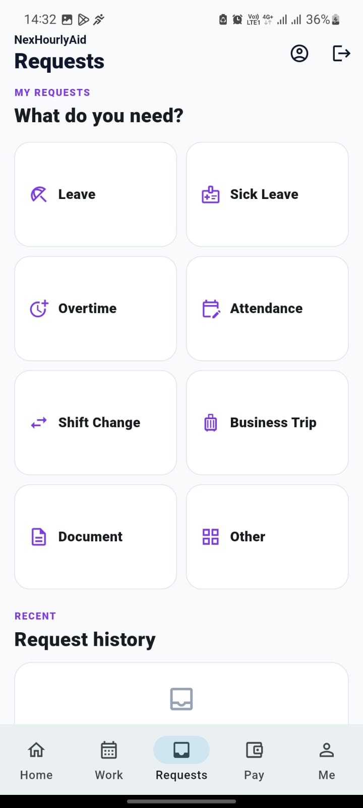 NexHourlyAid HRIS requests screen
