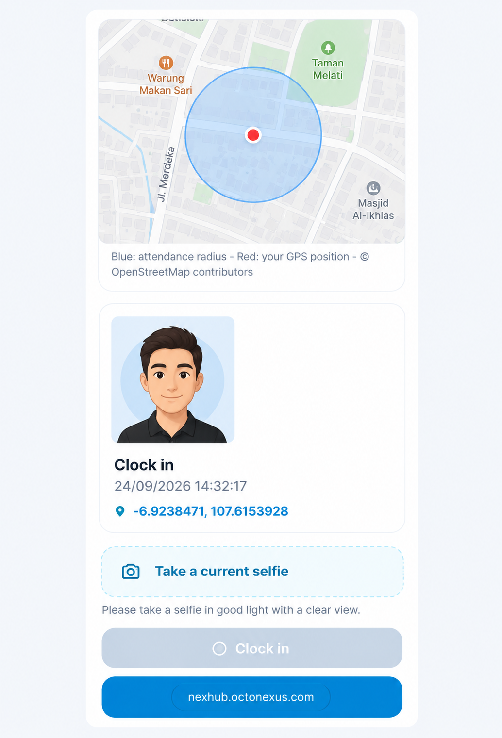 Seasonal worker GPS and selfie attendance in a browser